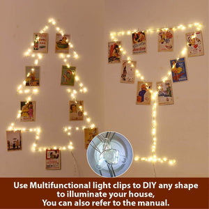 Warm White Photo Clips String Light, Timer &amp; 8 Modes, 33Ft 100LEDs Battery Powered Fairy Light with 52 Clear Clips &amp; 12 Hooks on Wall for Hanging Picture,Bedroom Party
