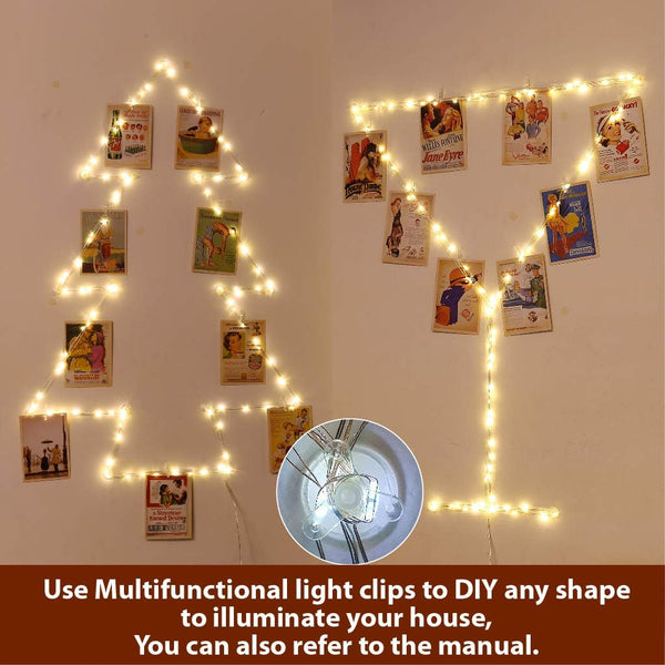 Warm White Photo Clips String Light, Timer &amp; 8 Modes, 33Ft 100LEDs Battery Powered Fairy Light with 52 Clear Clips &amp; 12 Hooks on Wall for Hanging Picture,Bedroom Party