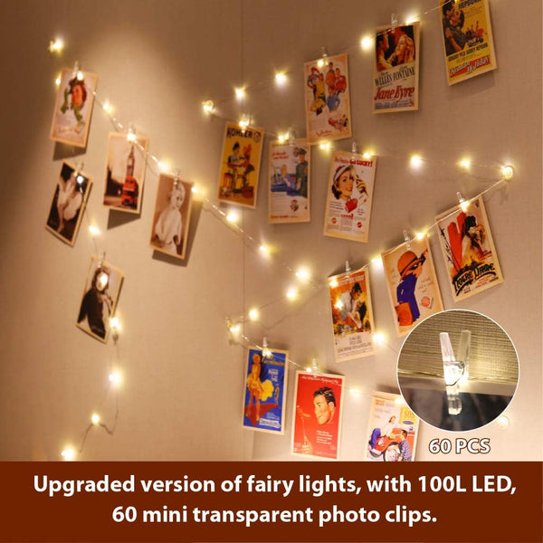 Warm White Photo Clips String Light, Timer &amp; 8 Modes, 33Ft 100LEDs Battery Powered Fairy Light with 52 Clear Clips &amp; 12 Hooks on Wall for Hanging Picture,Bedroom Party