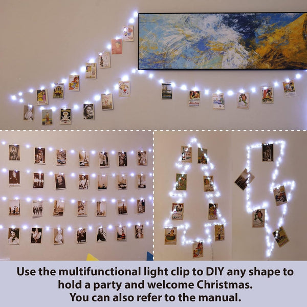 120LEDs White Photo Clips String Light, 40Ft Fairy Light with 52 Clear Clips &amp; 12 Hooks on Wall, Timer &amp; 8 Modes USB Powered Copper Wire String Light for hanging picture, Bedroom Wedding Party