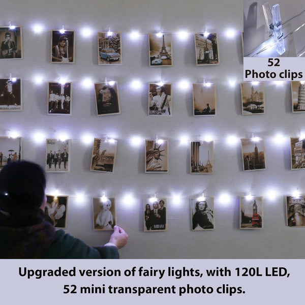 120LEDs White Photo Clips String Light, 40Ft Fairy Light with 52 Clear Clips &amp; 12 Hooks on Wall, Timer &amp; 8 Modes USB Powered Copper Wire String Light for hanging picture, Bedroom Wedding Party