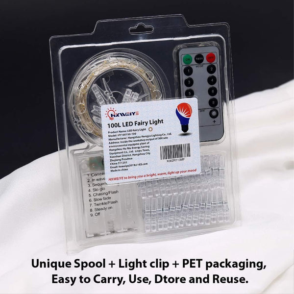 Warm White Photo Clips String Light, Timer &amp; 8 Modes, 33Ft 100LEDs Battery Powered Fairy Light with 52 Clear Clips &amp; 12 Hooks on Wall for Hanging Picture,Bedroom Party
