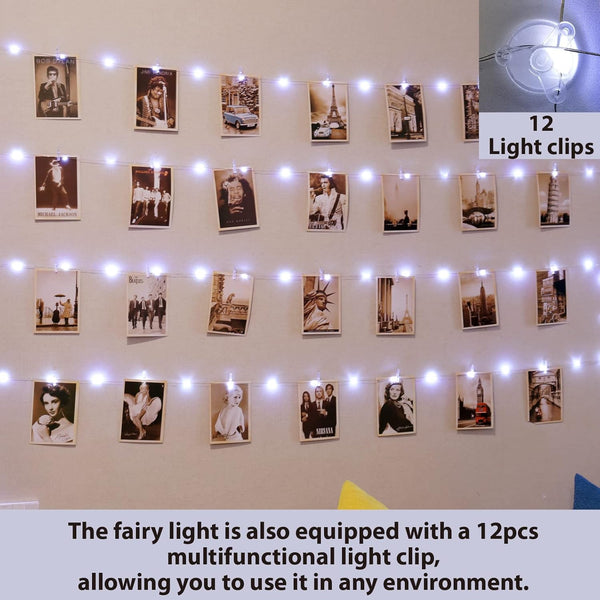 120LEDs White Photo Clips String Light, 40Ft Fairy Light with 52 Clear Clips &amp; 12 Hooks on Wall, Timer &amp; 8 Modes USB Powered Copper Wire String Light for hanging picture, Bedroom Wedding Party