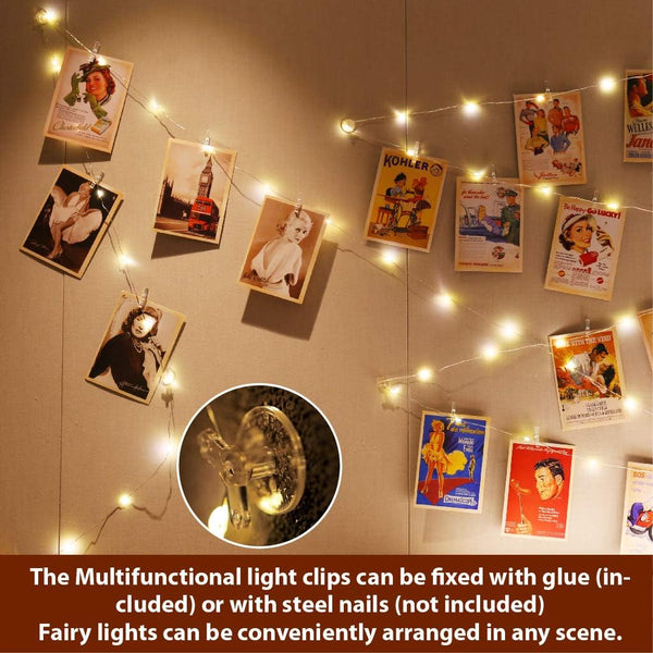 Warm White Photo Clips String Light, Timer &amp; 8 Modes, 33Ft 100LEDs Battery Powered Fairy Light with 52 Clear Clips &amp; 12 Hooks on Wall for Hanging Picture,Bedroom Party