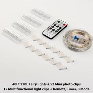 120LEDs Multicolor Photo Clips String Light, 40Ft Fairy Light with 52 Clear Clips &amp; 12 Hooks on Wall, Timer &amp; 8 Modes USB Powered Copper Wire String Light for Hanging Picture, Bedroom Party