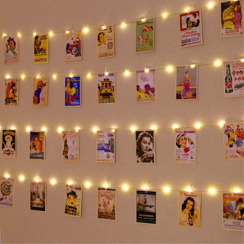 Warm White Photo Clips String Light, Timer &amp; 8 Modes, 33Ft 100LEDs Battery Powered Fairy Light with 52 Clear Clips &amp; 12 Hooks on Wall for Hanging Picture,Bedroom Party