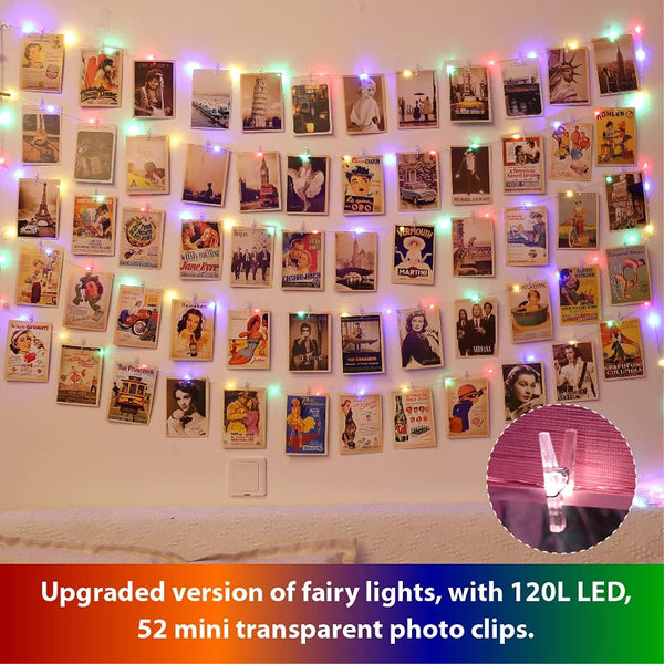 120LEDs Multicolor Photo Clips String Light, 40Ft Fairy Light with 52 Clear Clips &amp; 12 Hooks on Wall, Timer &amp; 8 Modes USB Powered Copper Wire String Light for Hanging Picture, Bedroom Party