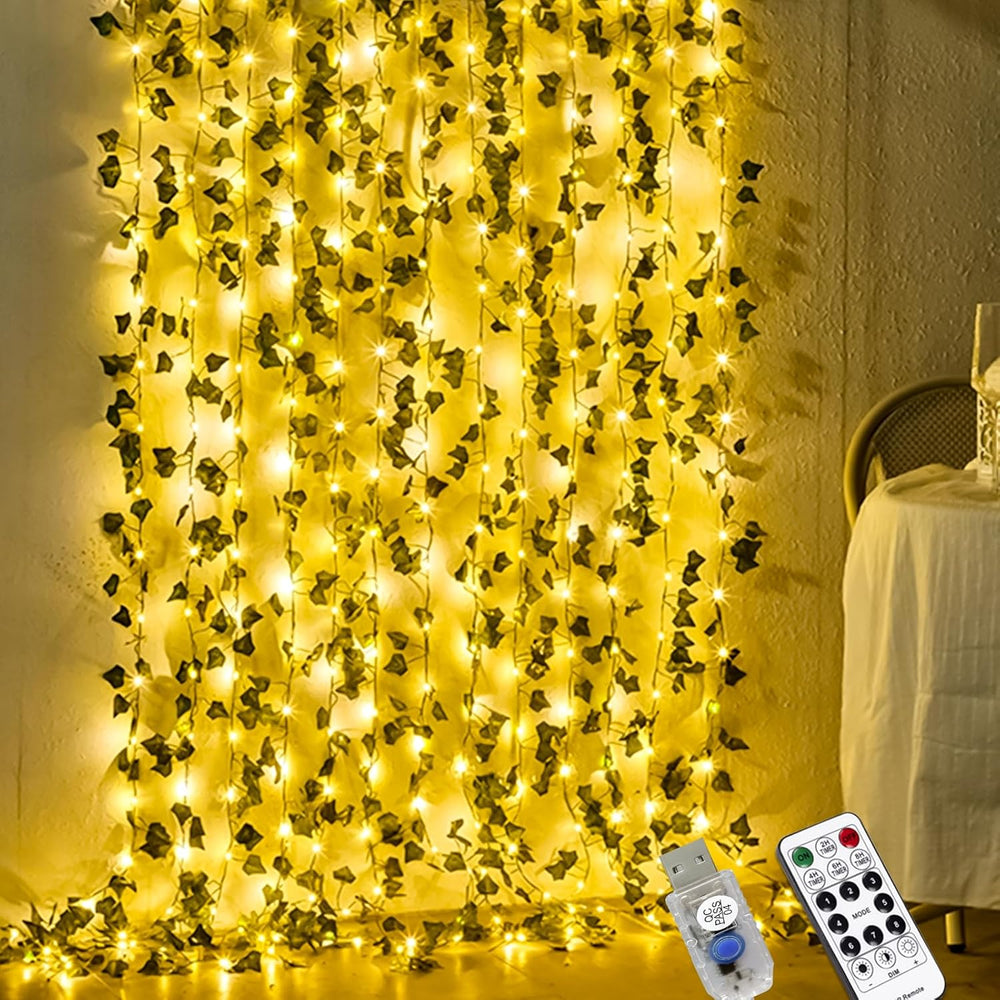 12 Pack Artificial Ivy Greenery Garland with 200LED Fairy Curtain String Light, Fake Hanging Plants Vines for Wedding Party Garden Greenery Decor Outdoor Indoor Wall Decoration